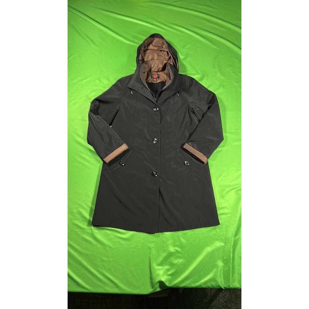 Gallery Womens Black Hooded Raincoat Bronze Lining Size S Classic Jacket